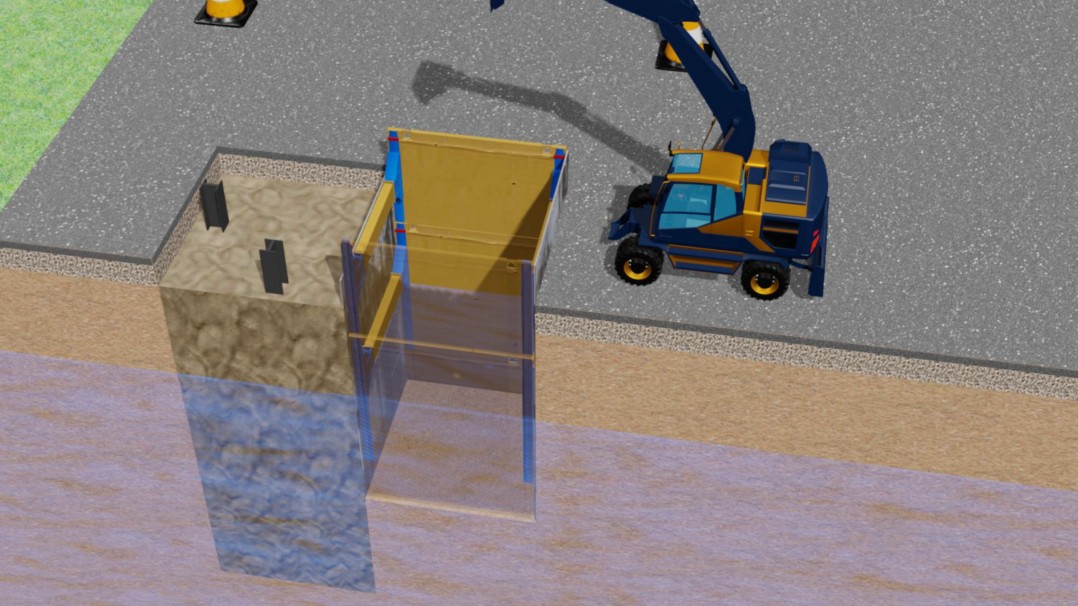 Herstellung mit Verbau im Absenkverfahren mit Flüssigboden