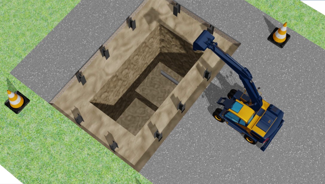 Zweitaushub um Pumpwerk zu setzen in trockener Flüssigboden Baugrube